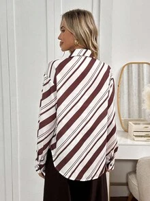 Easowa Asymmetrical Striped Print Casual Loose Commuter Vintage Style Women Shirt With Collar, Pocket, Button Front, Long Sleeve Striped Blouse Striped Shirt Diagonal Stripe Blouse Diagonal Stripe Shirt Office Blouse - Multicolor - View 2