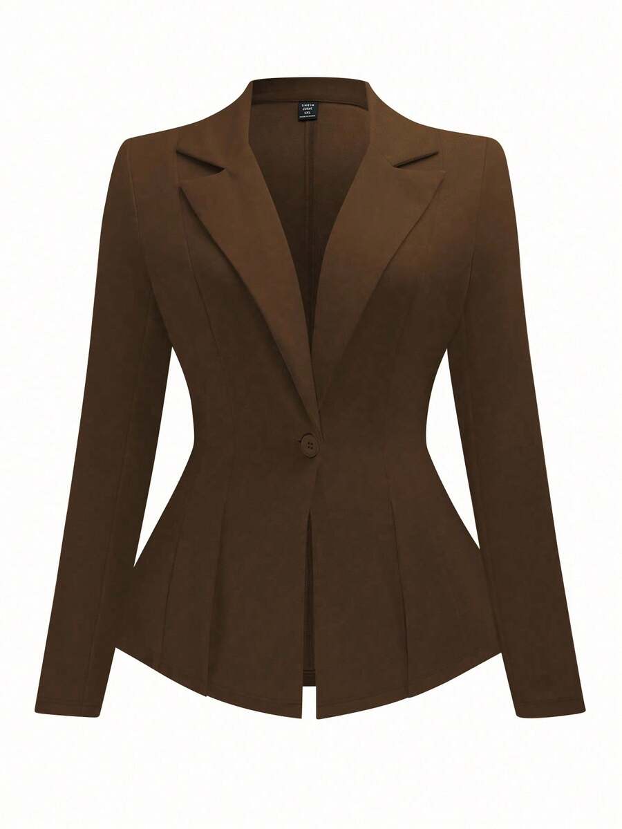 SHEIN Clasi 秋季大码女式纯色翻领长袖单扣优雅修身西装外套 - 咖啡棕 - 查看 1