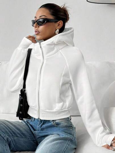 SHEIN EZwear Felpa con cappuccio bianca casual da donna con chiusura lampo, adatta per l'autunno