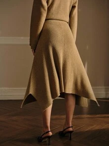 MOTF PREMIUM RIB-KNIT ASYMMETRICAL HEM SWEATER SKIRT