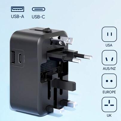 JMMO Travel Adapter, Worldwide All In One Universal Travel Adaptor AC Power Plug Adapter Wall Charger With USB-C And USB-A Charging Ports For USA EU UK AUS Black