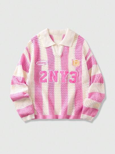 Street Life Men's Striped Letter Embroidery Jacquard Knit Sweater, Fall Winter