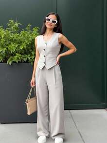 Sparklyn 2 件套青少年都市通勤优雅学院派对条纹背心 + 西装裤套装 - 彩色 - 查看 1