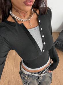 Coolane Women's Long Sleeve Button Design 2 In 1 Cropped Casual T-Shirt,Fall Clothes For Women,Black And Grey,Winter Clothes - Black - View 3