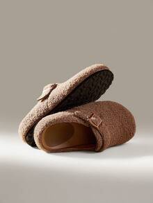 Solecia 女士圆形平底杏色鞋头一脚蹬毛绒拖鞋，带扣装饰，适合室内和室外，适合暑假鞋，夏季促销，返校鞋，大学生鞋，圣诞节，秋季，新年假期