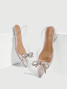 CUCCOO SZL Giày bệt mũi nhọn gót thấp cho nữ, quai PVC trong suốt màu be với nơ đính đá giả ngọc trai, giày bệt hở gót gợi cảm và thanh lịch cho mùa Giáng sinh. - Màu be - Xem 2