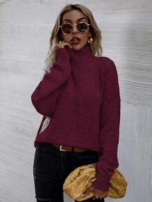 EMERY ROSE Áo len chui đầu dài tay cổ cao vai trễ màu trơn cho nữ, mùa thu - Màu Đỏ Sâu - Xem 4