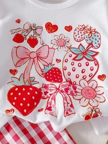SHEIN Vintaside Kids 女婴蝴蝶结草莓印花T恤和格子裤套装 - 紅色 - 查看 4