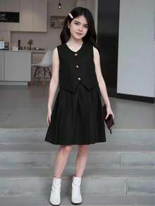 SHEIN Conjunto de dos piezas de niña preadolescente con top sin mangas con volantes y falda elegante