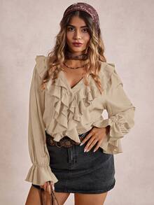 Freevana Plus Size Casual Solid Color Ruffle Trim Shirt/Fall/Winter - Khaki - View 6