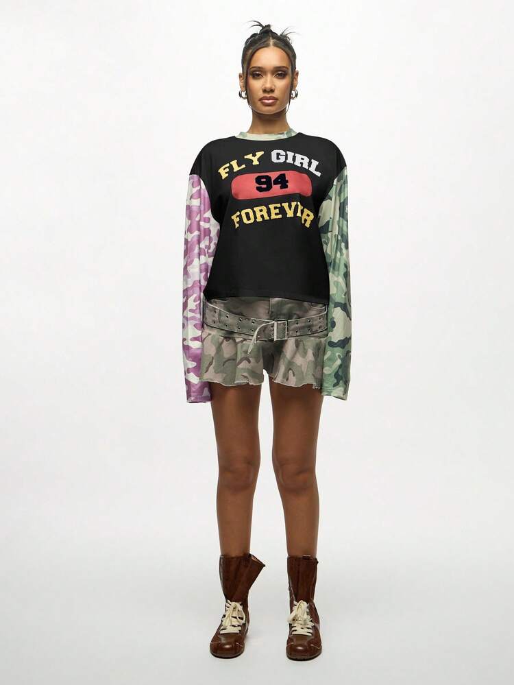 SUMWON WOMEN T-Shirt mit Grafik, Camouflage-Ärmeln und Rüschenbund