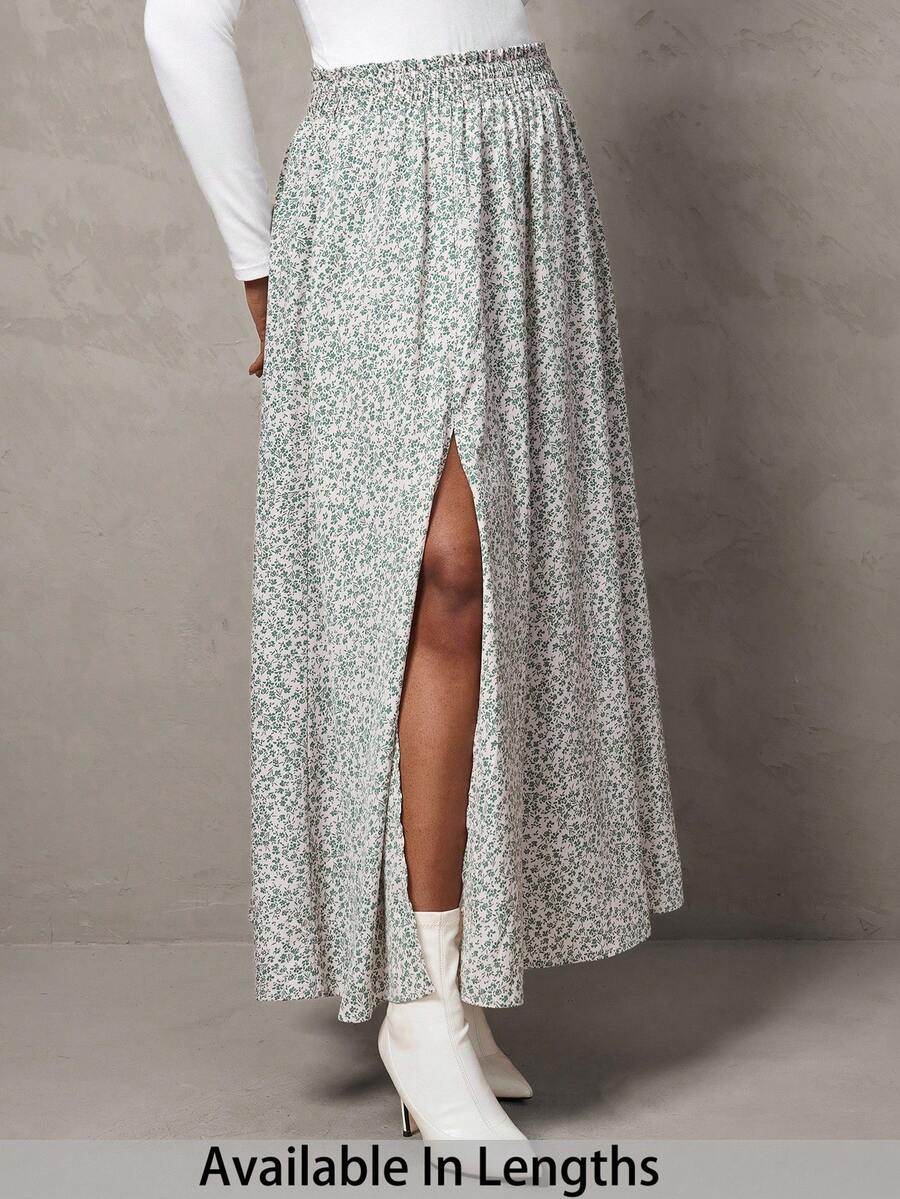 SHEIN Tall CURVE Váy xòe họa tiết hoa nhỏ xinh xắn dành cho kỳ nghỉ hè cỡ lớn - màu xanh lá - Xem 1