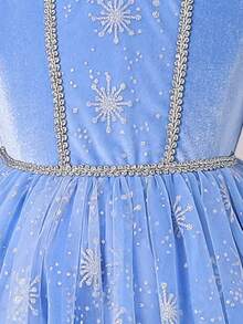 SHEIN Glamorique Kids 1pc Girls Spring/Autumn New 2025 Blue Velvet Faux Fur Collar Backless Snowflake Foil Print Mesh Panel Sash Decor Party Birthday Elegant Blue Dreamy Princess Dress Fall Winter Winter Snow Flake Pagent Dress For Girls Blue Princess Dress Girls Sparkly Light Blue Dress For Girls - Blue - View 6