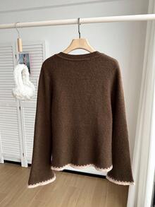 SHEIN EZwear Vintage Pattern Plus Size U-Neck Button Flare Sleeve Sweater, Suitable For Autumn/Winter