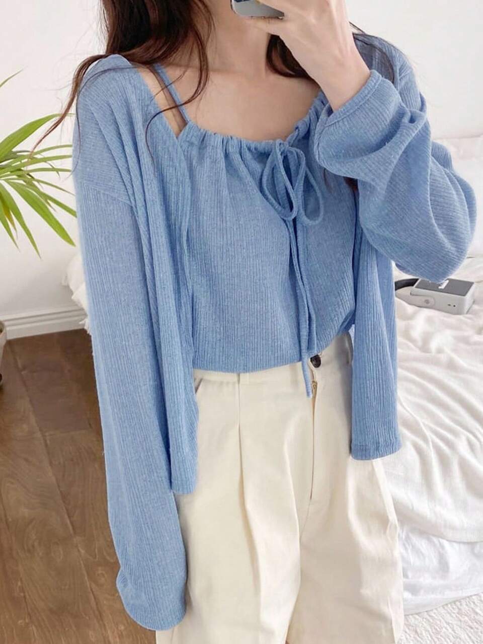 2pcs Women's Long Sleeve Top And Camisole Set, Spring/Summer Lounge Sets For Women