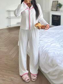 SHEIN Teen Girls Pajamas Cute Heart Contrast Trim Collar Girl Pajama Set Pajamas For Teens Heart Print Pajamas Girls Pajama Set Teen Girl Pajamas Lounge Set Fall Winter