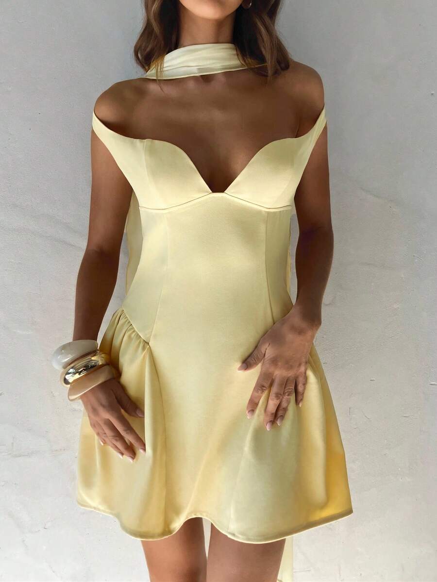 Aloruh Women's Off Shoulder Ruffle Hem Fashionable Mini Dress, Light Yellow - Light Yellow - View 1