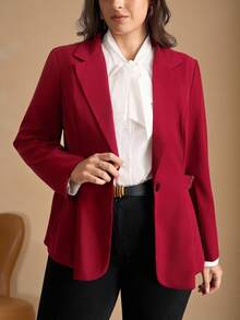 Chikora Blazer informal de talla grande para mujer con puños y solapa a rayas, blazers de talla grande de otoño para mujer, blazers de talla grande rojos, blazer rojo de mujer de talla grande, blazers de oficina de talla grande para mujer, chaqueta de traje de talla grande roja para mujer de invierno y otoño - Rojo - Ver 2