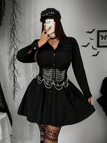 Whyspr 大码女式长袖单排扣工装口袋深色风格衬衫裙 - 黑色 - 查看 7