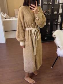 DAZY Women's Long Plush Faux Mink Belted Robe, Warm Home Dress For Winter, Fall Pajama, Cozy Outfit - Camel - View 7