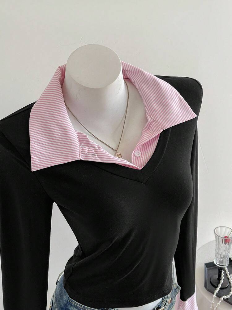 Elamini 1 pieza Camiseta de manga larga ajustada con dobladillo asimétrico y empalme de rayas para mujer, camisa de 2 en 1 con cuello, estilo de moda casual de calle, camisetas gráficas de otoño/invierno para mujer para primavera