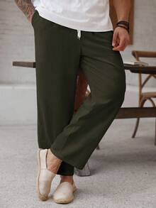 ResortEase Plus Size Men's Casual Versatile Solid Color Drawstring Waist Linen Pants, Fall - Green - View 3