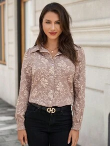 EMERY ROSE Blusa elegante de manga larga con abotonadura sencilla y estampado floral jacquard, para otoño - Caqui - Ver 4