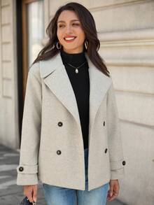 EMERY ROSE 女式雙排釦領口休閒羊毛外套 - 灰色 - 查看 5