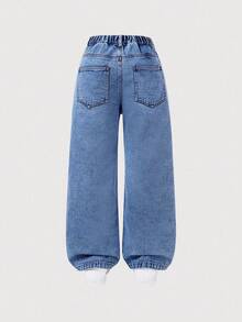 SHEIN Tween Girl New Fashion Distressed Snowflake Embroidered Wide-Leg Jeans Tween Aesthetic Heart Cardigan Daisy Jeans Y2k Teen Y2k Girl Y2k Aesthetic Jean For Girls Y2k For Girls Tween Y2k Tween Girl Y2k Full For 11 To 12 Year Old With Plant Pants With Butterflies And Flowers Aesthetic For Girls Fall Winter 90s Kids - Medium Wash - View 2