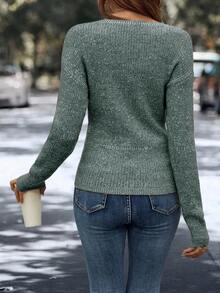 EMERY ROSE Suéter casual de mujer con cuello en V y cruce delantero, manga larga, otoño - Verde Oscuro - Ver 2