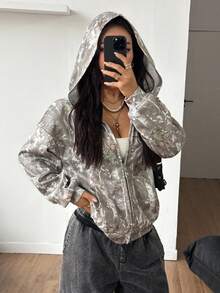 Coolane 女士秋冬外出街头风情侣同款/情侣同款/基础款/外出针织迷彩保暖内衬拉链宽松长袖卫衣 - 彩色 - 查看 5