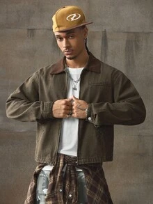 AXEPEAK Áo khoác nam màu tương phản, ve áo thời trang, áo khoác ngắn phong cách, mùa thu - màu nâu - Xem 5