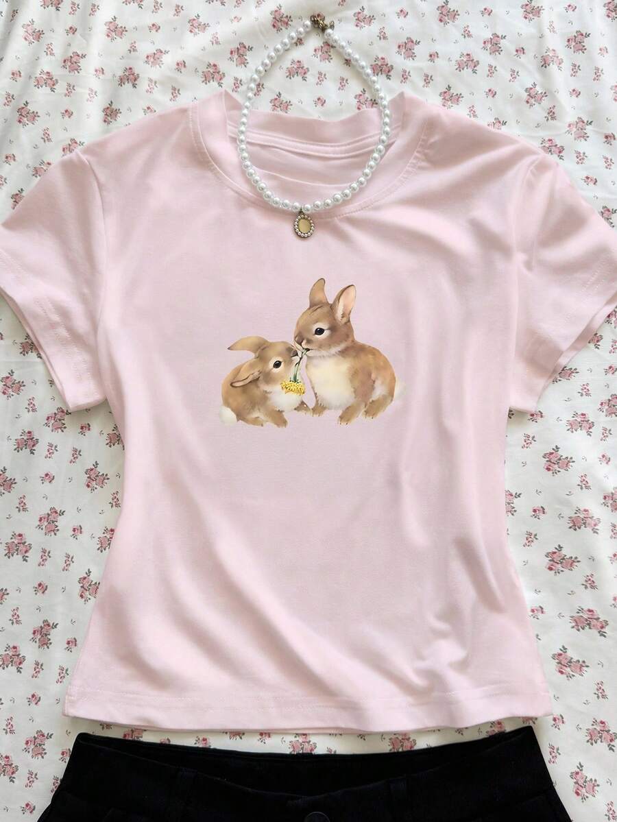 Glimmora 女士圆领短袖动物印花休闲 T 恤，适合日常穿着，图案 T 恤，女式上衣 - 淺粉色 - 查看 1