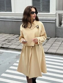Firerie Women's Casual Commute Daily Fashion New Modern Urban Asymmetric Cinched Waist Waist A-Line Long Sleeve Khaki Mid-Length Trench Coat Fall Winter Clothes For Women Women's Winter Coat Women's Winter Jacket Fall Outfits For Women