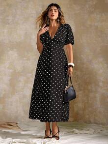 Roveilla Plus Size Elegant Minimalist Polka Dot V-Neck Short Sleeve Dress Polka Dot Dress Women Plus Size Dress Black And White Polka Dot Dress Plus Size Polka Dot Dress V Neck Polka Dot Dress - Black - View 7