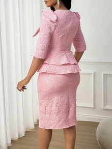 SHEIN Lady Bộ đồ hai mảnh bốn mùa thanh lịch cho nữ, dự tiệc đi làm, vải jacquard bóng, họa tiết hoa ba chiều, tay bồng, eo thắt chặt, viền bèo nhún và chân váy xẻ hông - Hồng - Xem 3