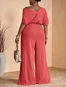 Veslaya Bộ jumpsuit dáng ôm, lệch vai, xếp ly, bất đối xứng, ống rộng, màu kaki trơn, thích hợp cho mùa Xuân/Hè, chất liệu vải dệt họa tiết, cỡ lớn, thích hợp cho tiệc tùng, hẹn hò, dạ hội. - Đỏ - Xem 3