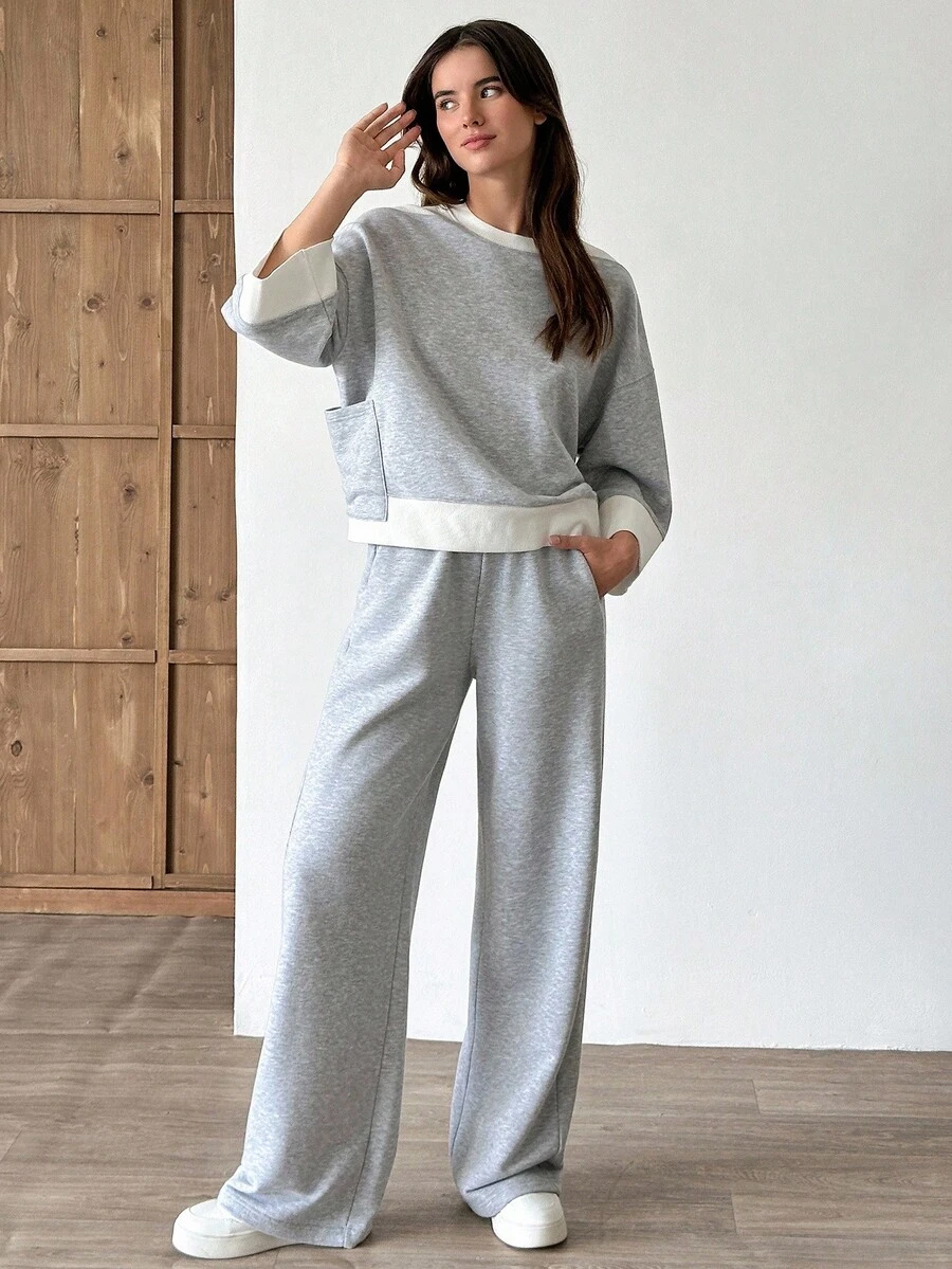 SHEIN Cottnline 2 Pcs, Blok Color, Oversize T-Shirt & Wide Leg Sweatpatns - Grey - View 1