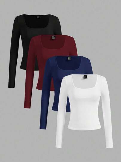 SHEIN Essnce 4 pezzi/set di magliette casual a girocollo a tinta unita a maniche lunghe per donna, adatte per l'autunno/inverno