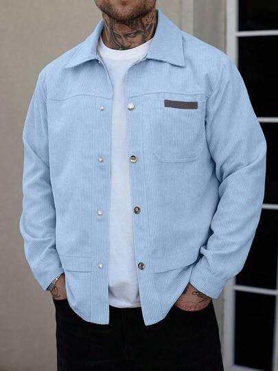 Manfinity CasualCool Men's Casual Versatile Simple Jacket, Autumn Sky Blue Button Shirt Men Baby Blue Corduroy Jacket Light Blue Jacket Men Shacket Light Blue Corduroy Jacket