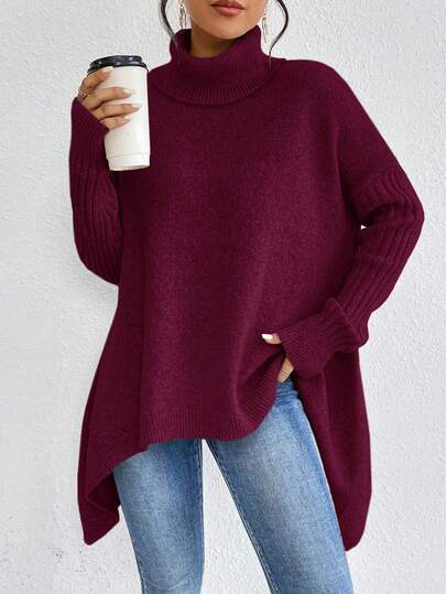 EMERY ROSE Women's Solid Color High Neck Drop Shoulder Long Sleeve Casual Pullover Sweater, Autumn/Winter