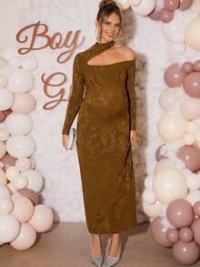 Loomaby Maternity Oblique Shoulder Stand Collar Long Sleeve Jacquard Fitted Elegant Dress Long Brown Dress Brown Wedding Guest Dress Earth Tone Dress Brown Maternity Dress Cutout Dress  Dress Gender Reveal Dress Maternity Dress Baby Shower Dress - Olive Green - View 3