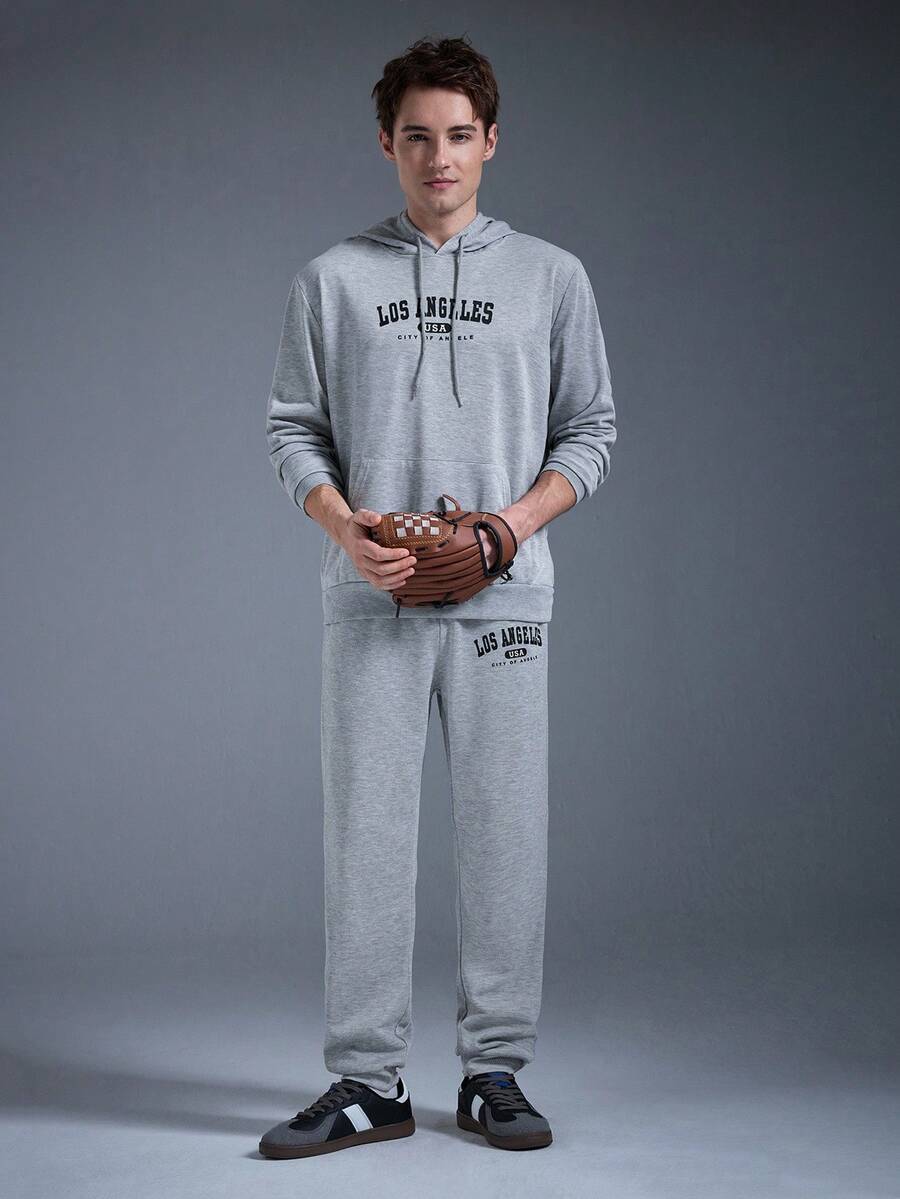 DRIFTMERE 男士薄款连帽衫和运动裤套装，常规版型，个性化印花图案，时尚休闲套装，带口袋和抽绳腰带，适合送给丈夫或男友，适合街头、通勤和户外活动。 - 淺灰色 - 查看 1