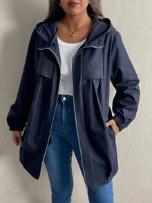 EMERY ROSE Plus Size Women Casual Commuter Outdoor Loose Mid-Length Hooded Jacket With Front Pleated Pocket Patchwork Long Sleeve Winter Fall Autumn - Blue - View 3