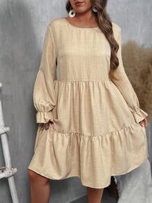 EMERY ROSE Plus Size Women Elegant Casual Round Neck Doll Dress Long Sleeve Dress Fall Cloth For Women - Khaki - View 4