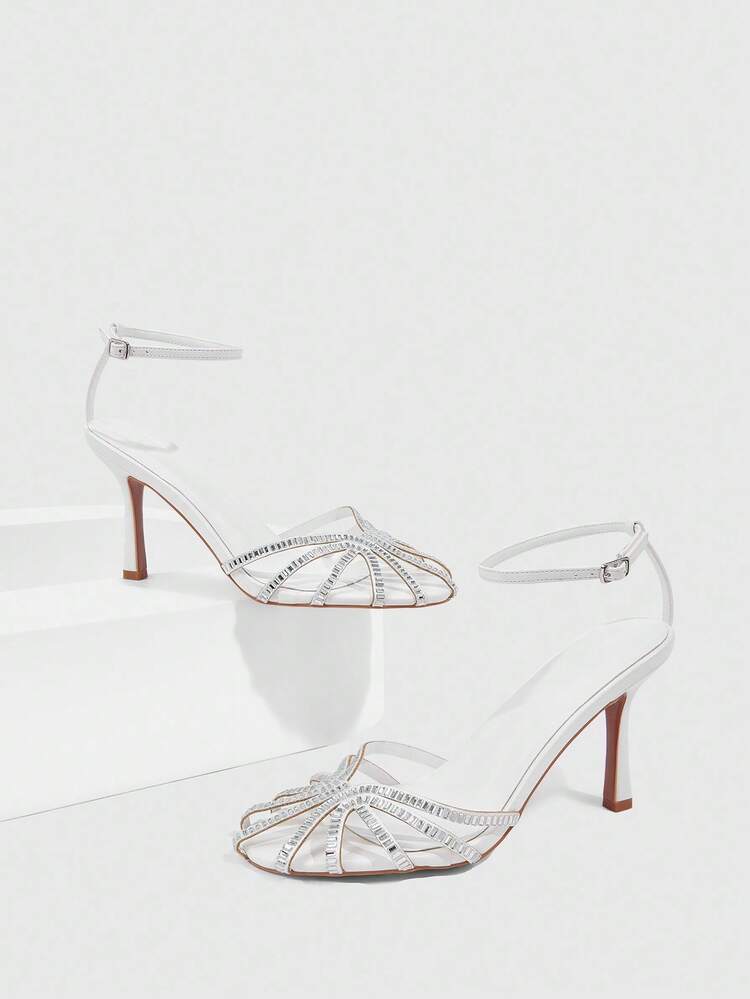 CUCCOO SZL White PU Rhinestone Embellished Strap Buckle Closure Fashionable Sexy Round Toe Party Dress White Heeled Sandals