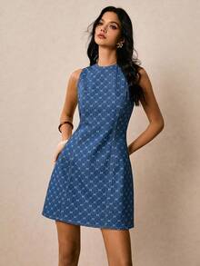 Vintamour 女式蝴蝶结印花腰部收紧无袖短款牛仔连衣裙，休闲优雅 - 中等水洗藍 - 查看 3