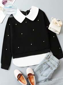 SHEIN Tween Girl Pearls Beaded Contrast Collar 2 In 1 Sweatshirt - Black - View 3