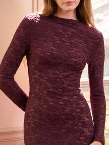 lacRébo Purple Semi-Sheer Midi Dress With Long Sleeves And Keyhole Detail Spring Spring Summer Office Dress Wedding Guest Dress - Purple - View 1