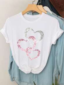 EMERY ROSE 女士心形图案印花圆领短袖休闲T恤夏季新年衣服图案T恤女上衣 - 粉色 - 查看 3